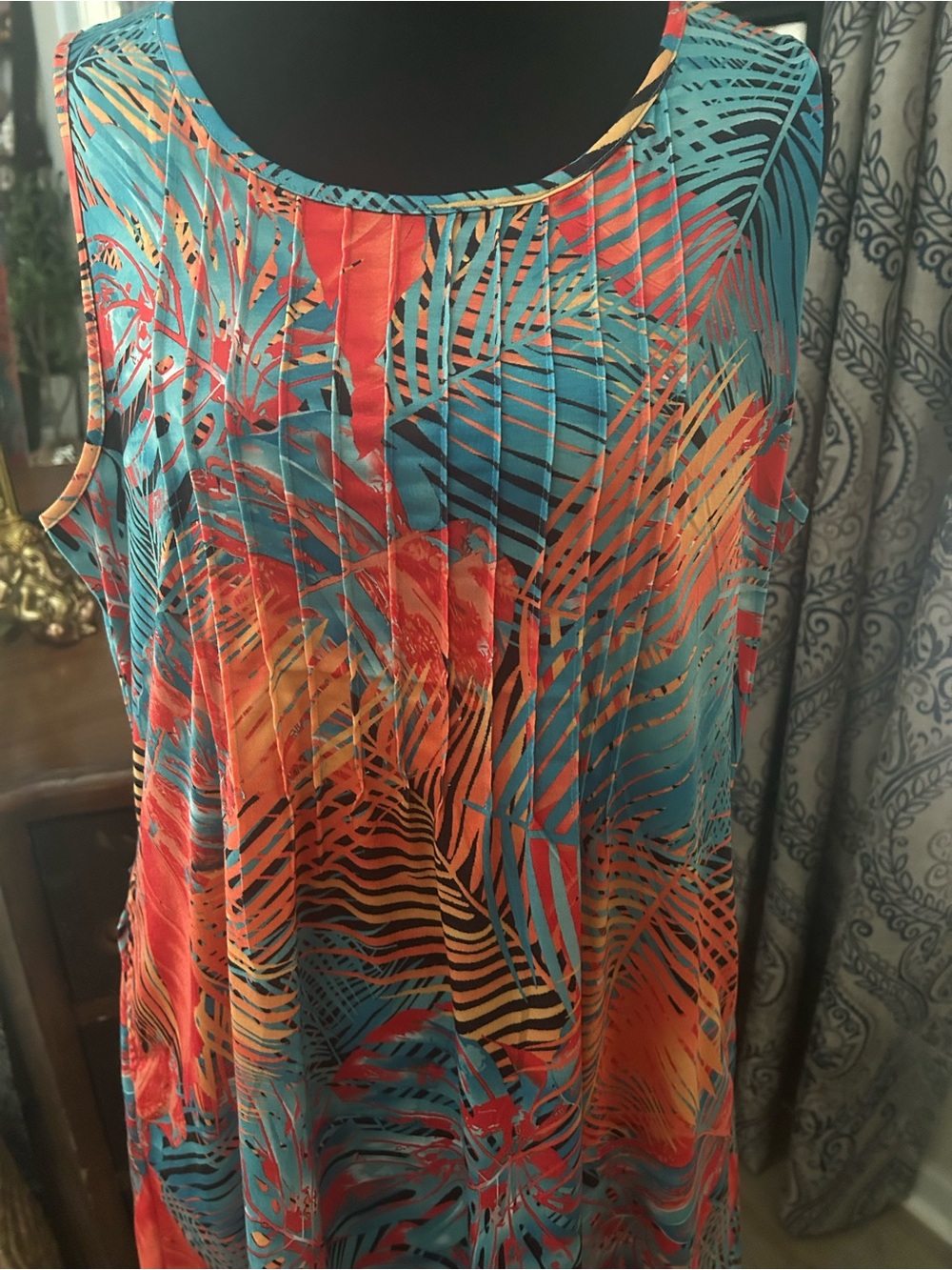Sleeveless Tropical Print Mini Dress in Teal & Orange